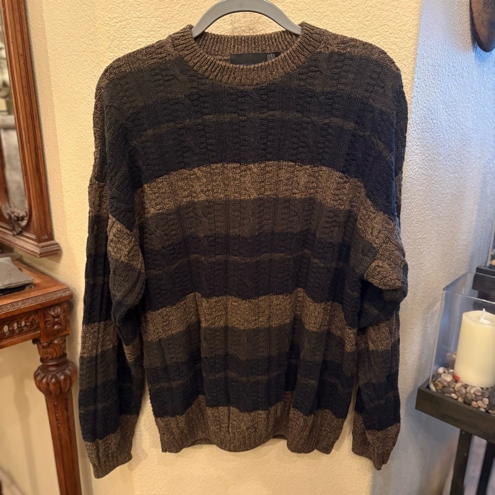 Vintage BILL BLASS Men Earthy Color Striped Hand Framed Crewneck Sweater Size L